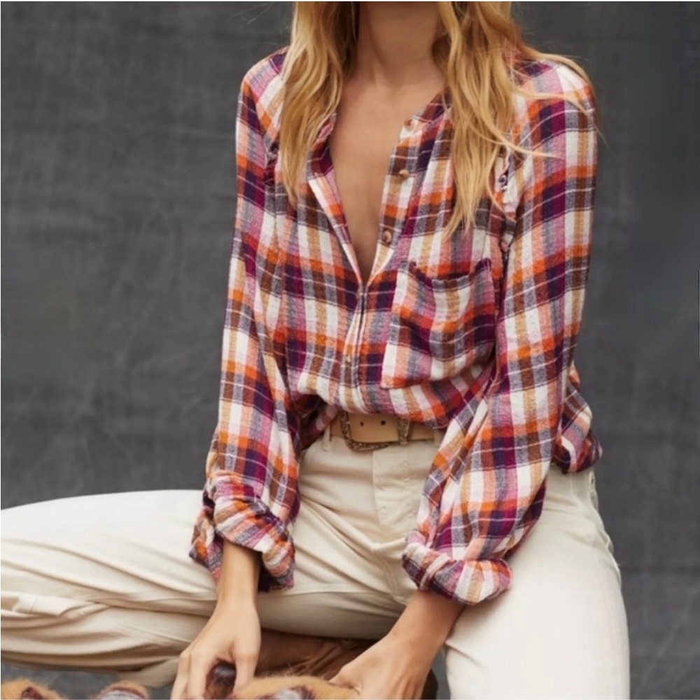 Anthropologie NWT Pilcro Peasant Plaid Breezy Button Down Shirt